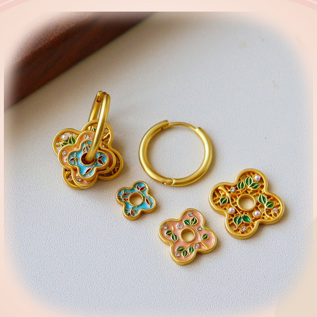 Turquoise & Peach Floral Earrings — detail view