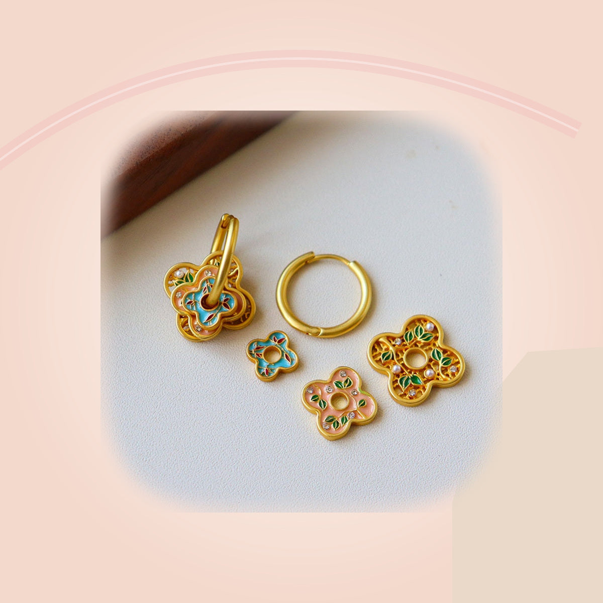 Turquoise & Peach Floral Earrings — full product view