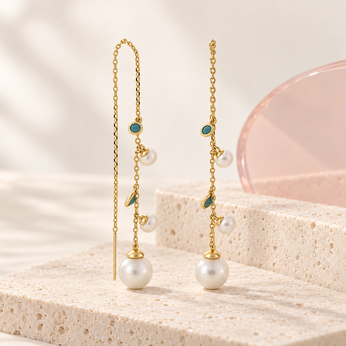 Turquoise Pearl Cascade Earrings on Bloomy travertine display