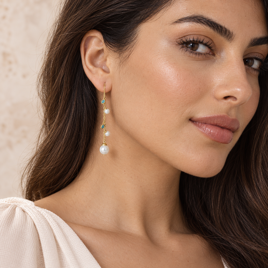 Bloomy model wearing Turquoise Pearl Cascade Earrings