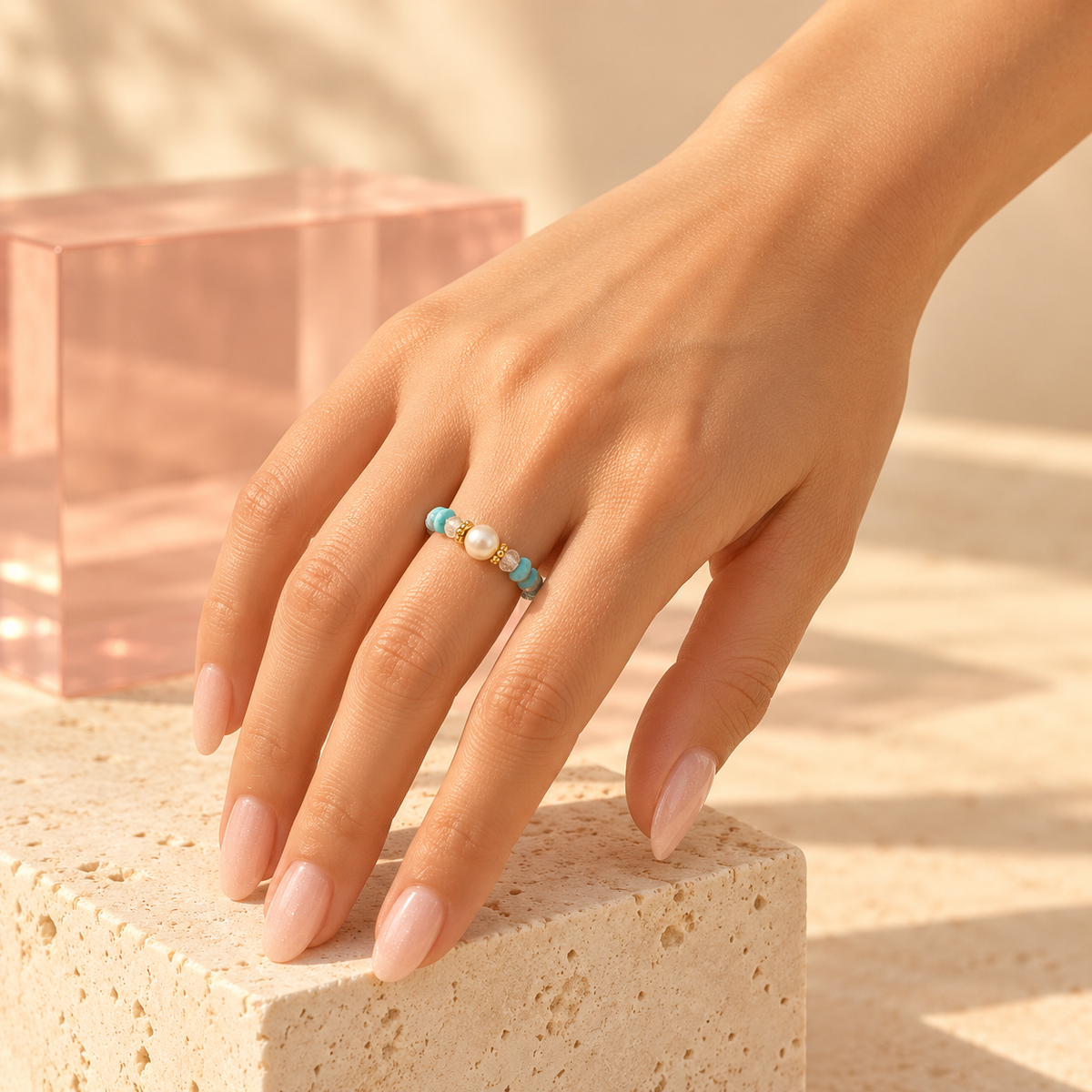 Turquoise pearl and clear bead ring worn on hand
