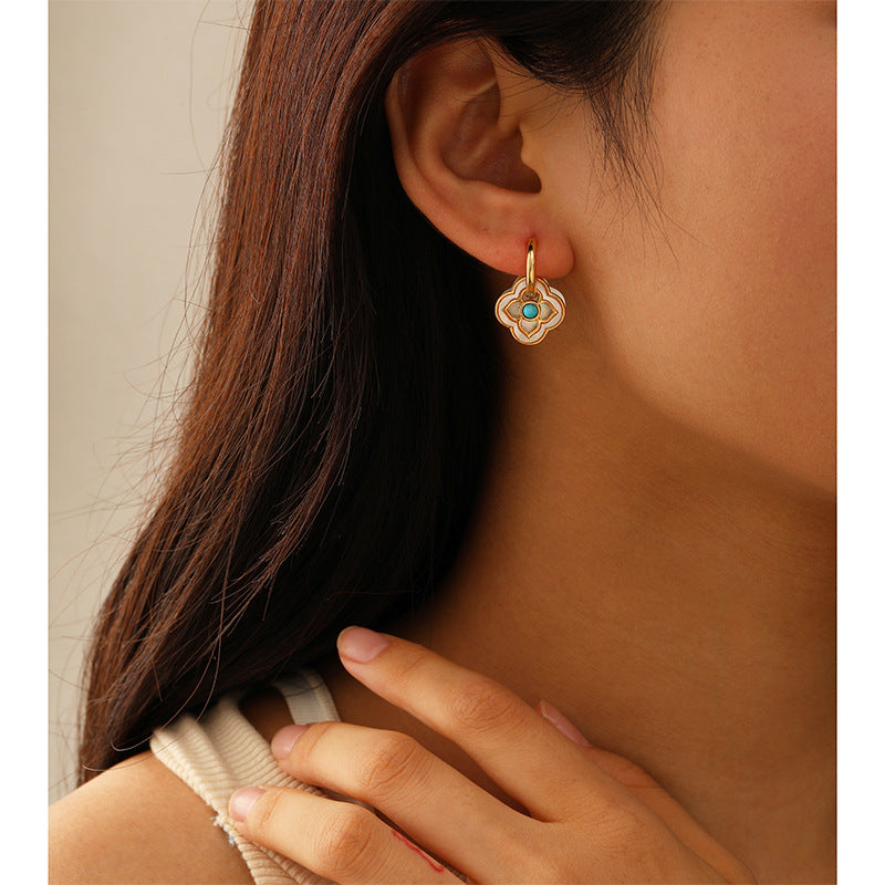 Turquoise & White Clover Earrings with Pearl Accent