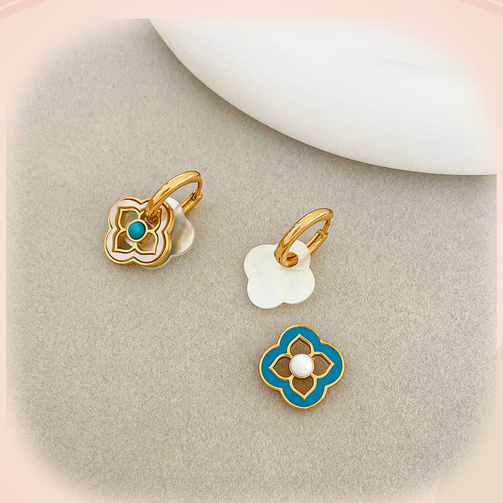 Turquoise & White Clover Earrings with Pearl Accent — detail view