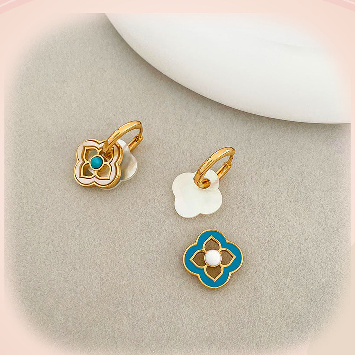 Turquoise & White Clover Earrings with Pearl Accent — detail view