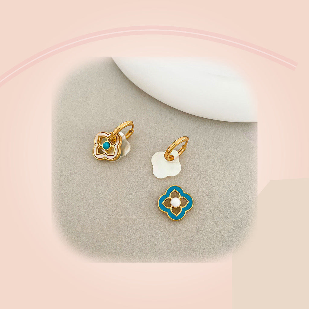 Turquoise & White Clover Earrings with Pearl Accent — full product view
