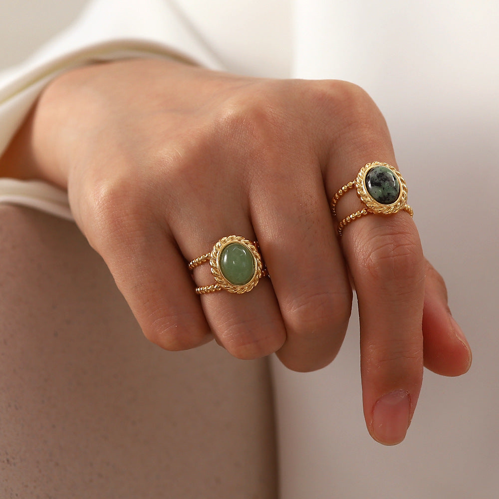 Twisted Double Band Ring with Natural Green Stone