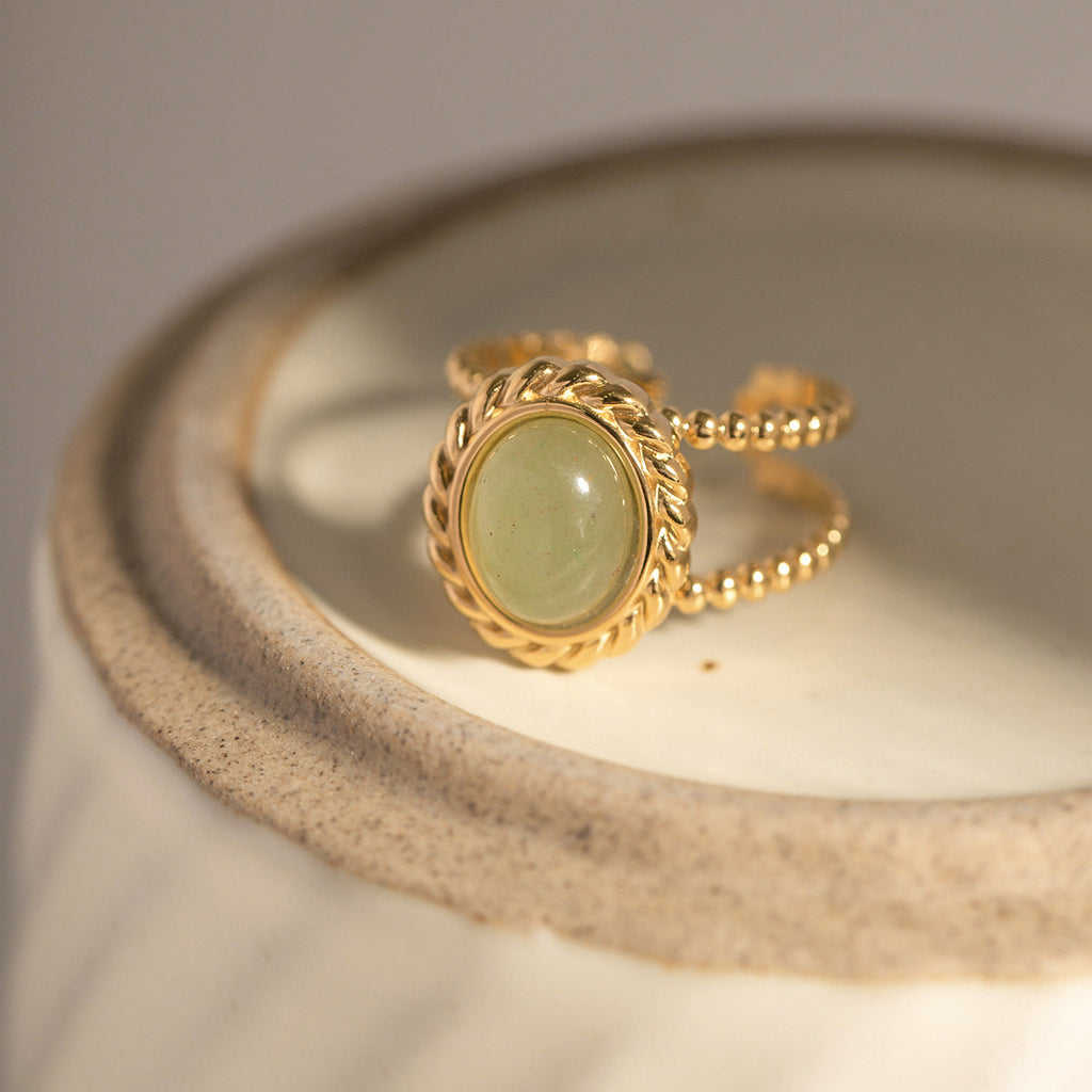 Twisted Double Band Ring with Natural Green Stone