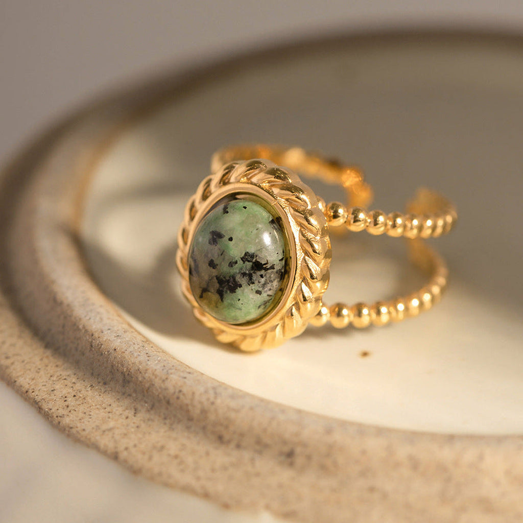 Twisted Double Band Ring with Natural Green Stone — detail view