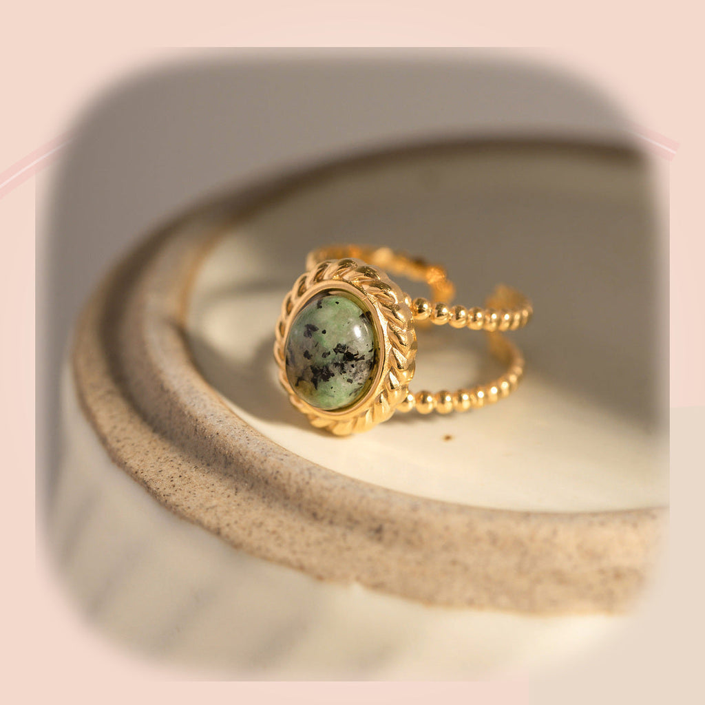 Twisted Double Band Ring with Natural Green Stone — full product view