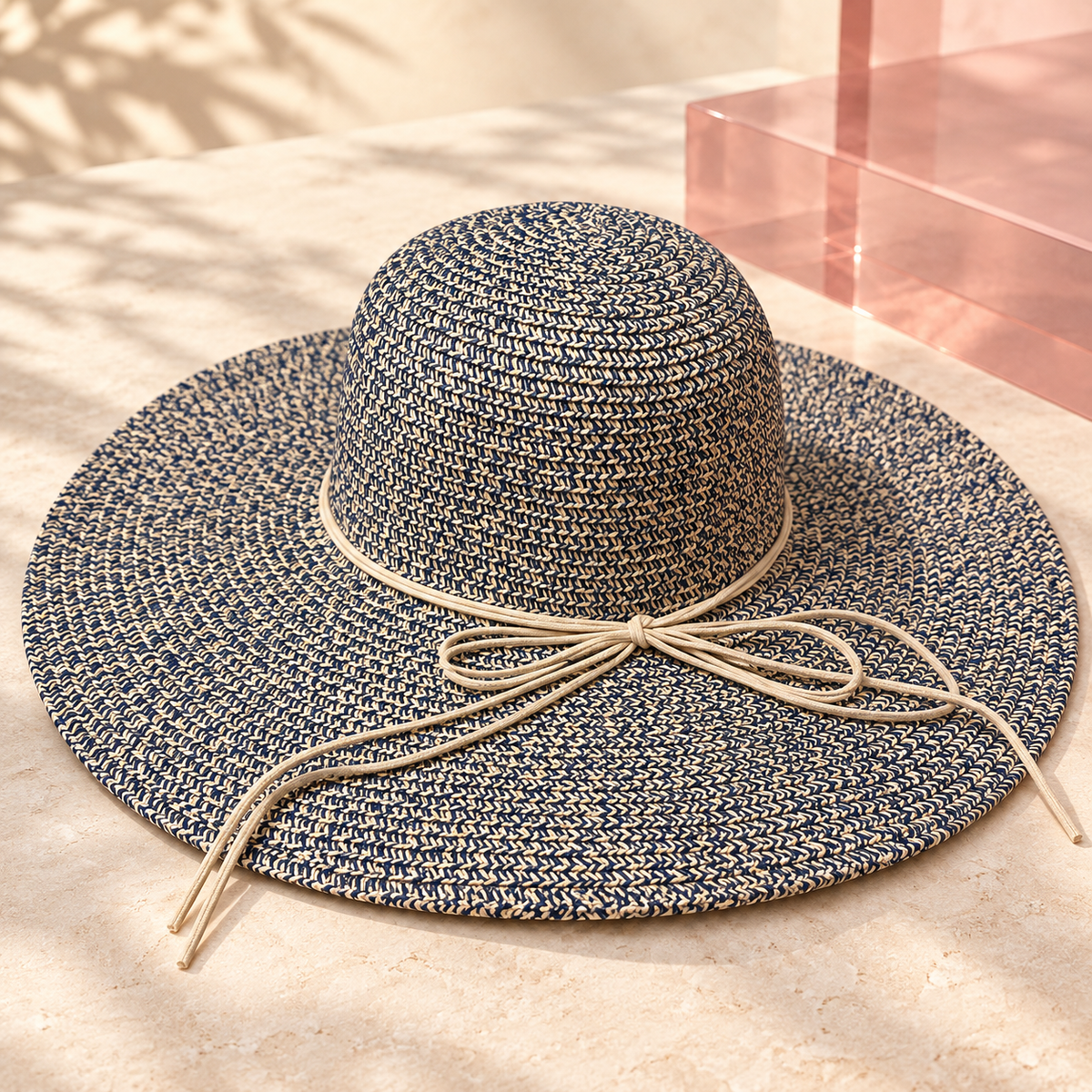 Navy blue and cream woven wide brim beach hat