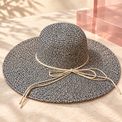Navy blue and cream woven wide brim beach hat