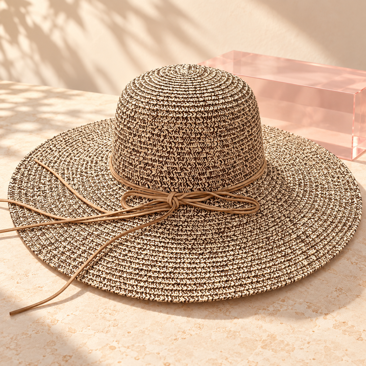 Brown and cream woven wide brim beach hat