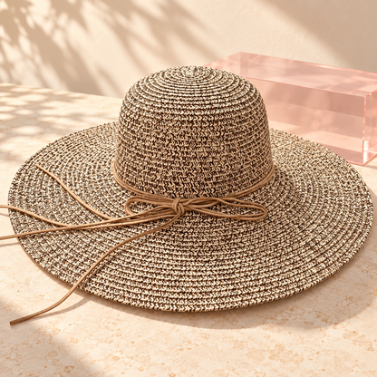 Brown and cream woven wide brim beach hat