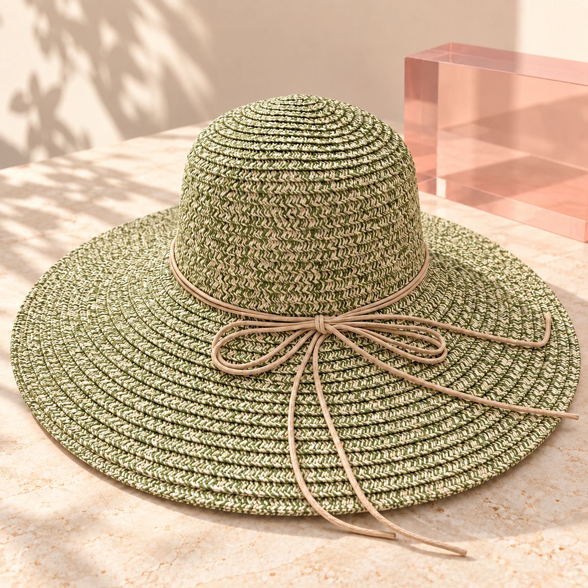 Olive green and cream woven wide brim beach hat