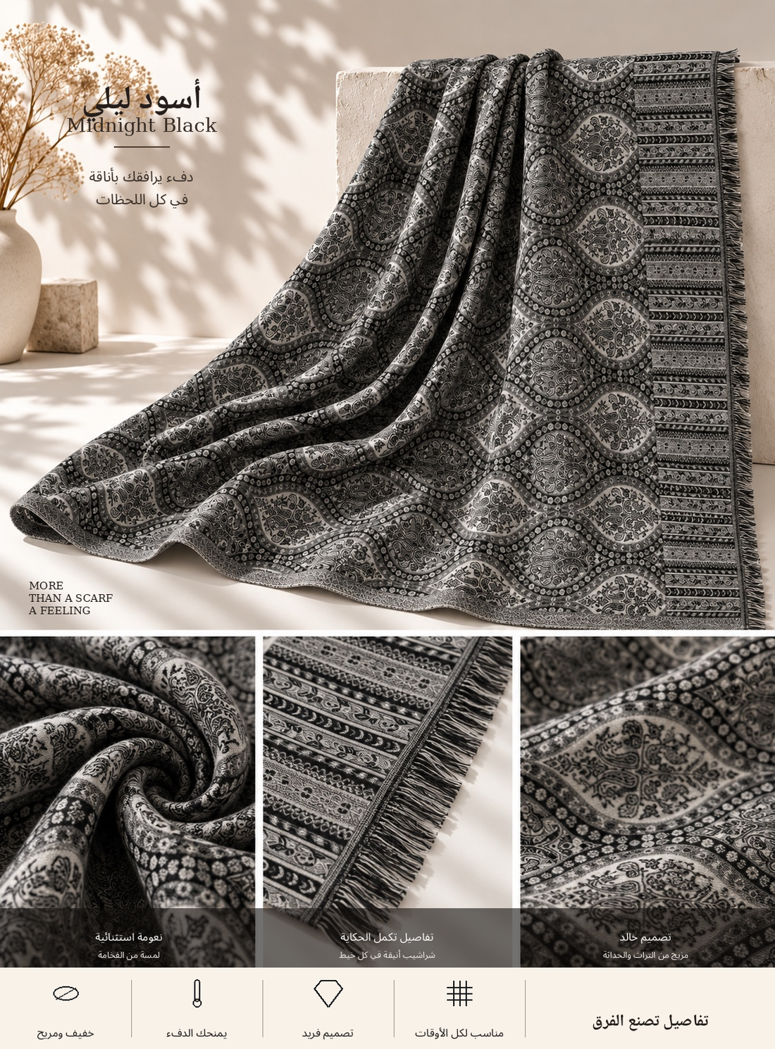 Bloomy Heritage Wave Pashmina in Midnight Black