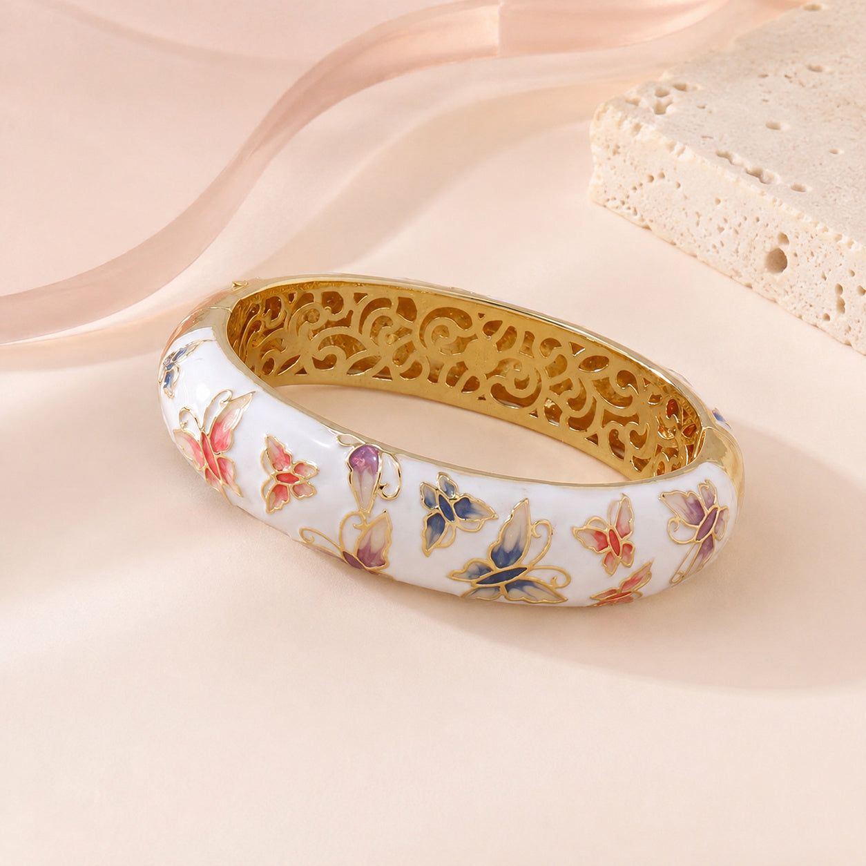 White Enamel Butterfly Bangle – full view
