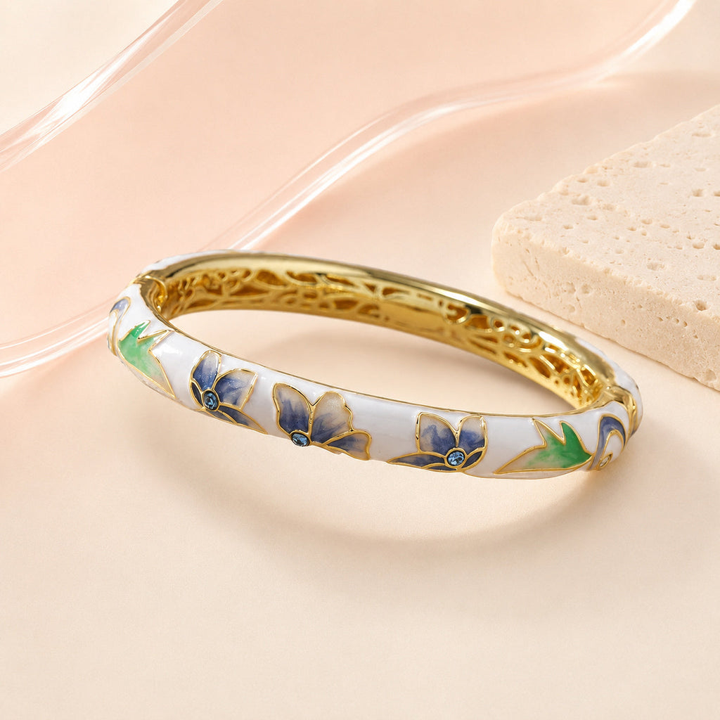 White Enamel Floral Bangle – full view