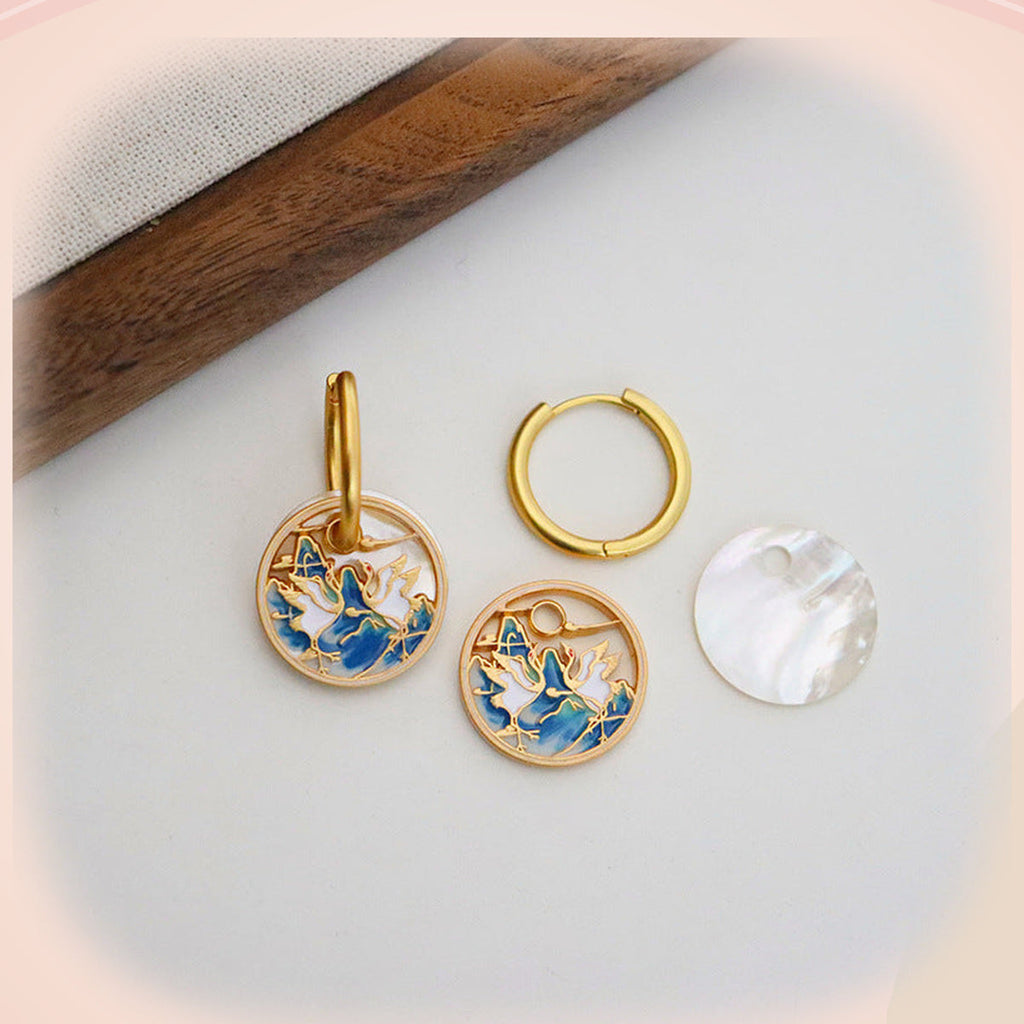 White Swan Earrings with Gold Frame — detail view