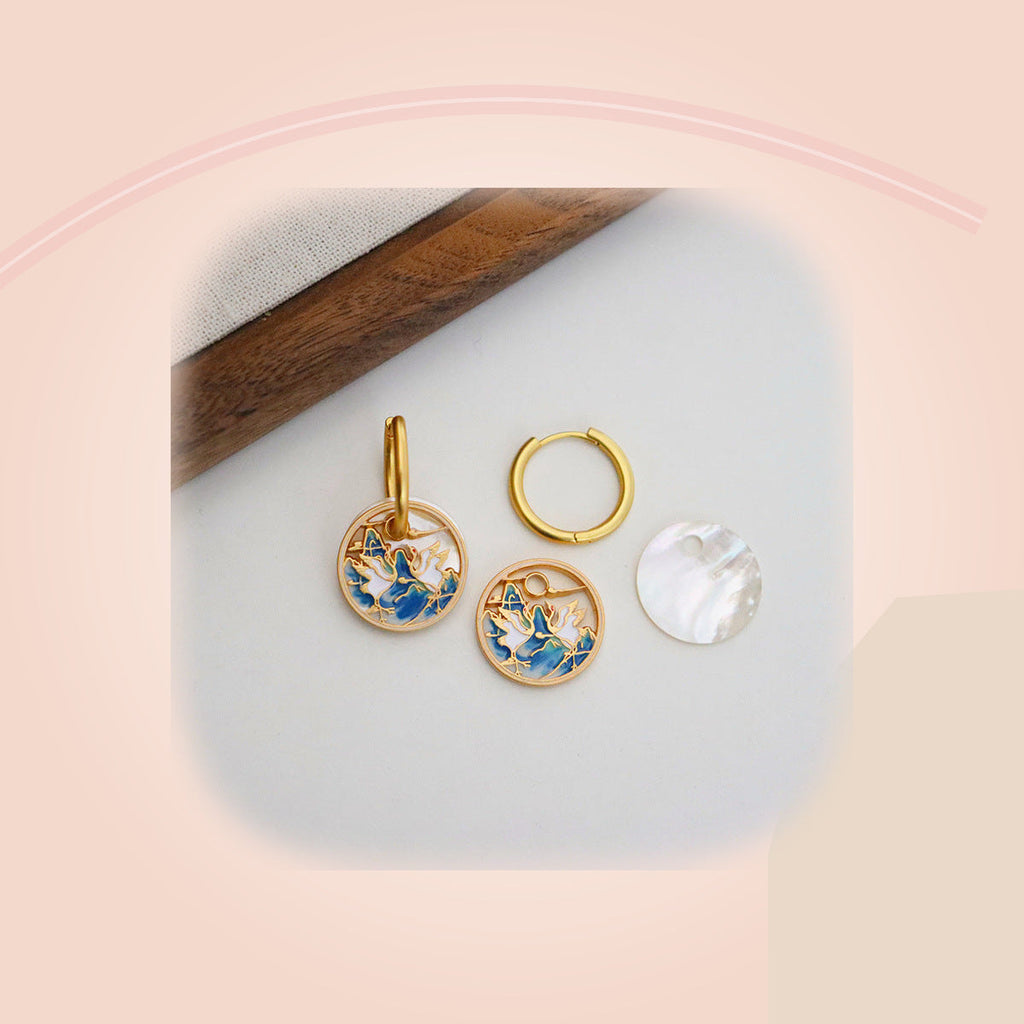 White Swan Earrings with Gold Frame — full product view