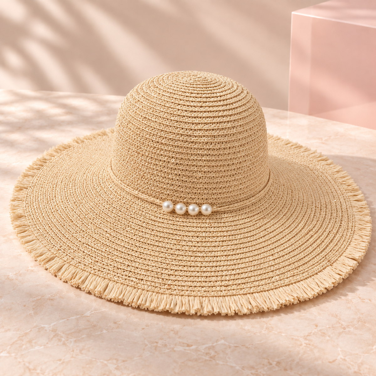 Bloomy pearl-trimmed wide brim beach hat, Cream