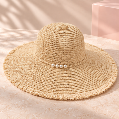 Bloomy pearl-trimmed wide brim beach hat, Cream