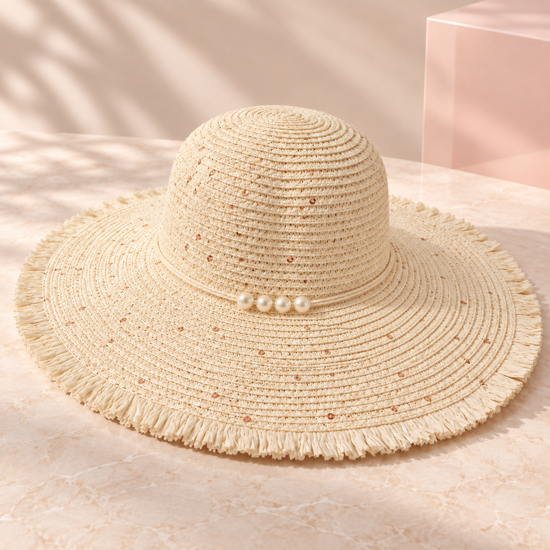 Bloomy pearl-trimmed wide brim beach hat, Off-White