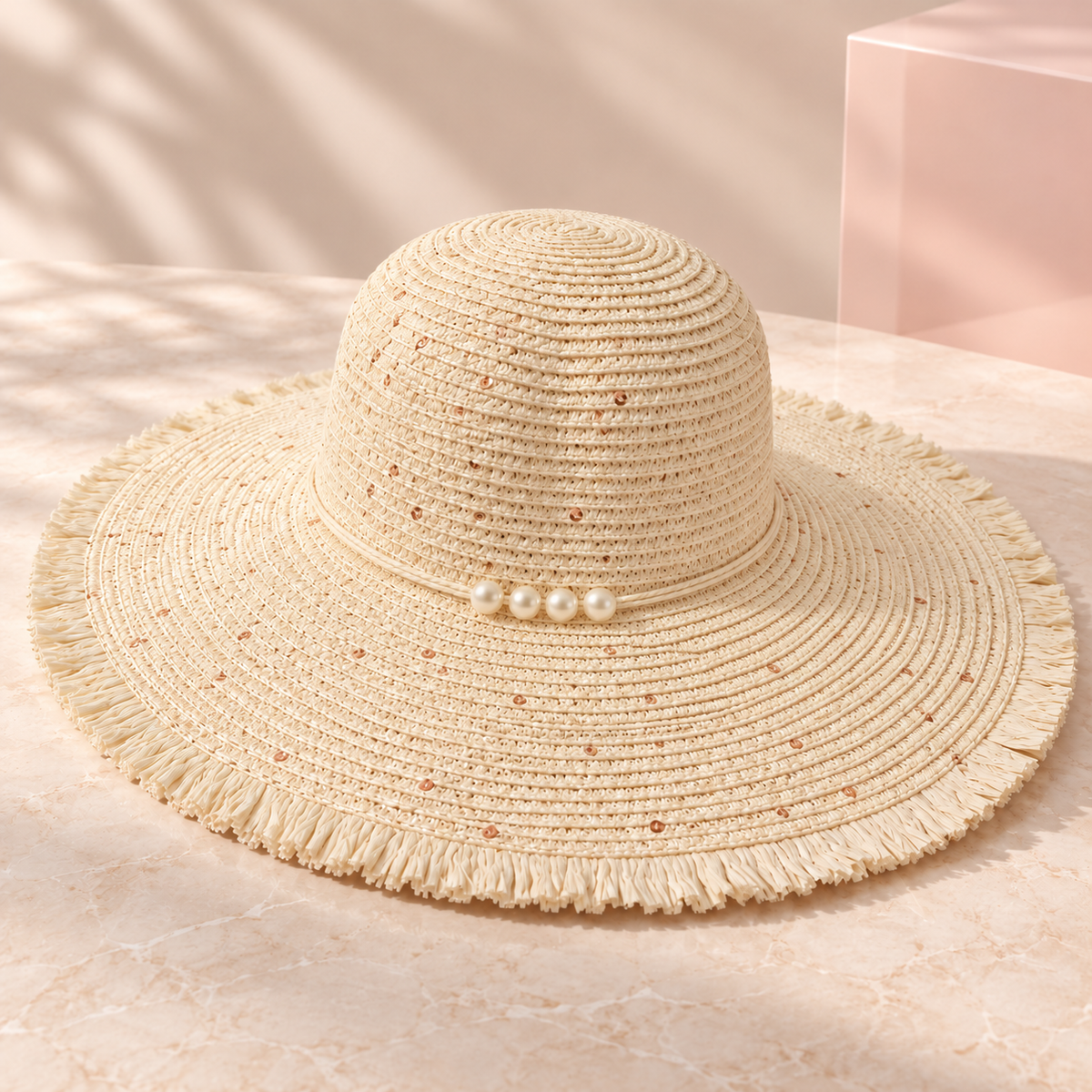 Bloomy pearl-trimmed wide brim beach hat, Off-White