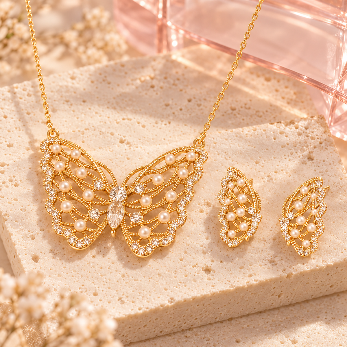 Gold-tone butterfly necklace and matching earrings on ivory stone