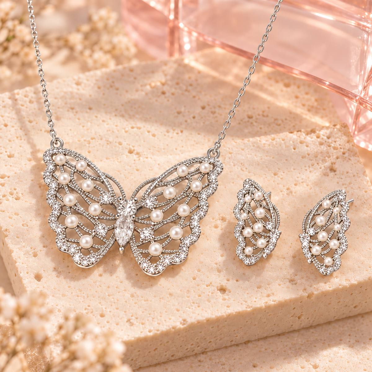 Silver-tone butterfly necklace and matching earrings on ivory stone