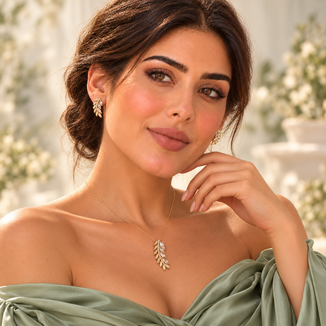 Mimi wearing crystal leaf branch necklace and earrings