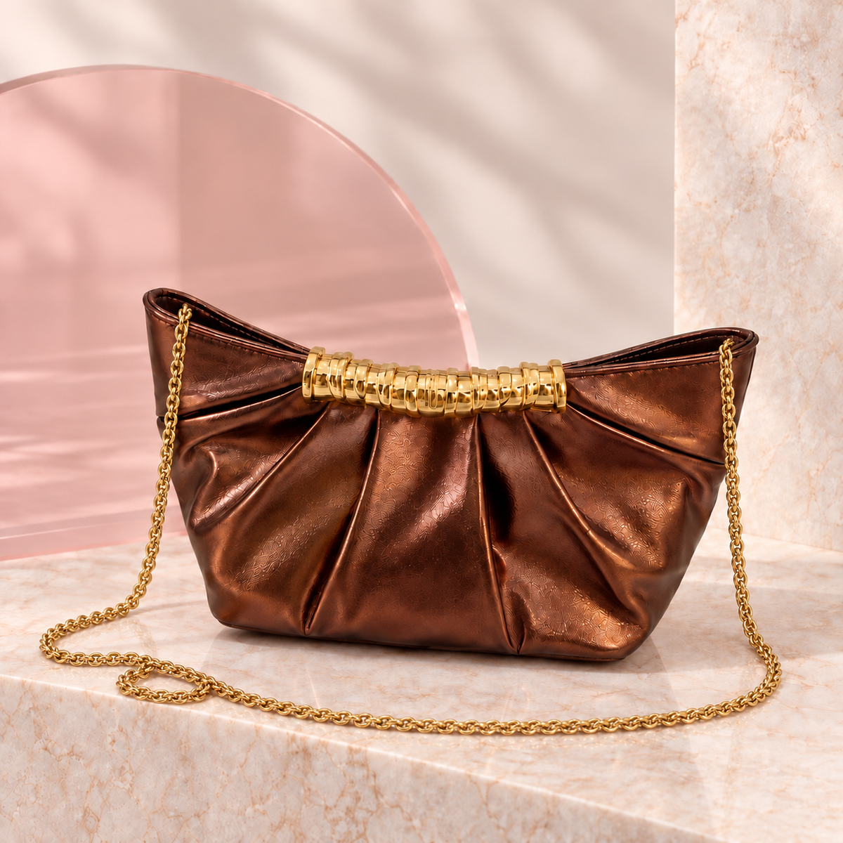 Lumi Metallic Pleated Bag in Bronze with long chain