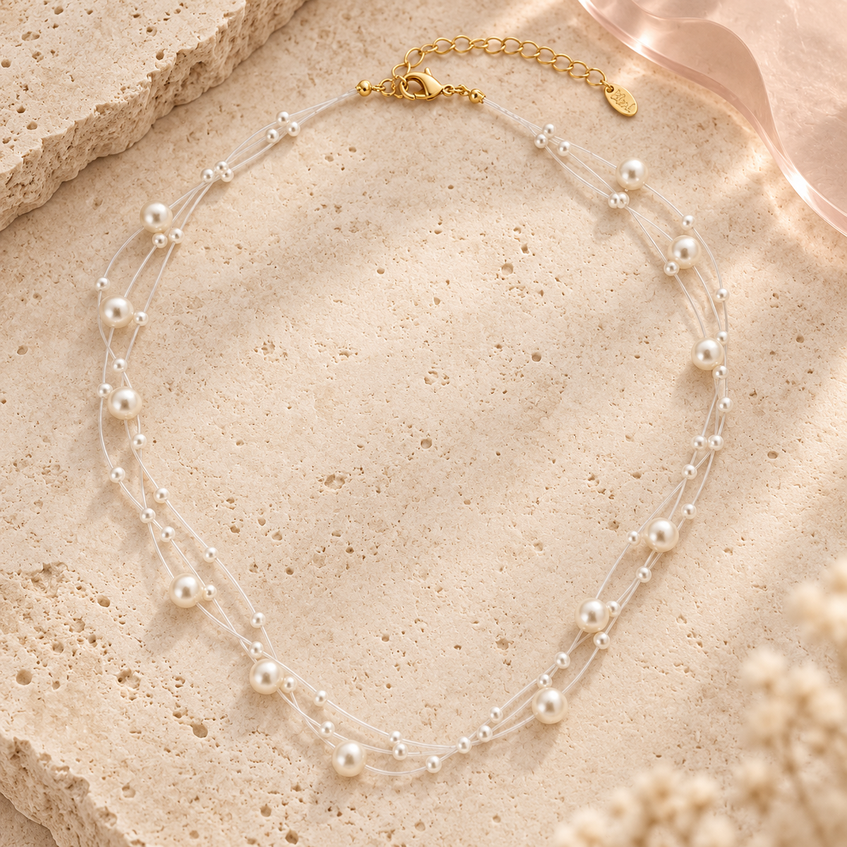 Celestia Pearl Strand Necklace on ivory stone with blush acrylic