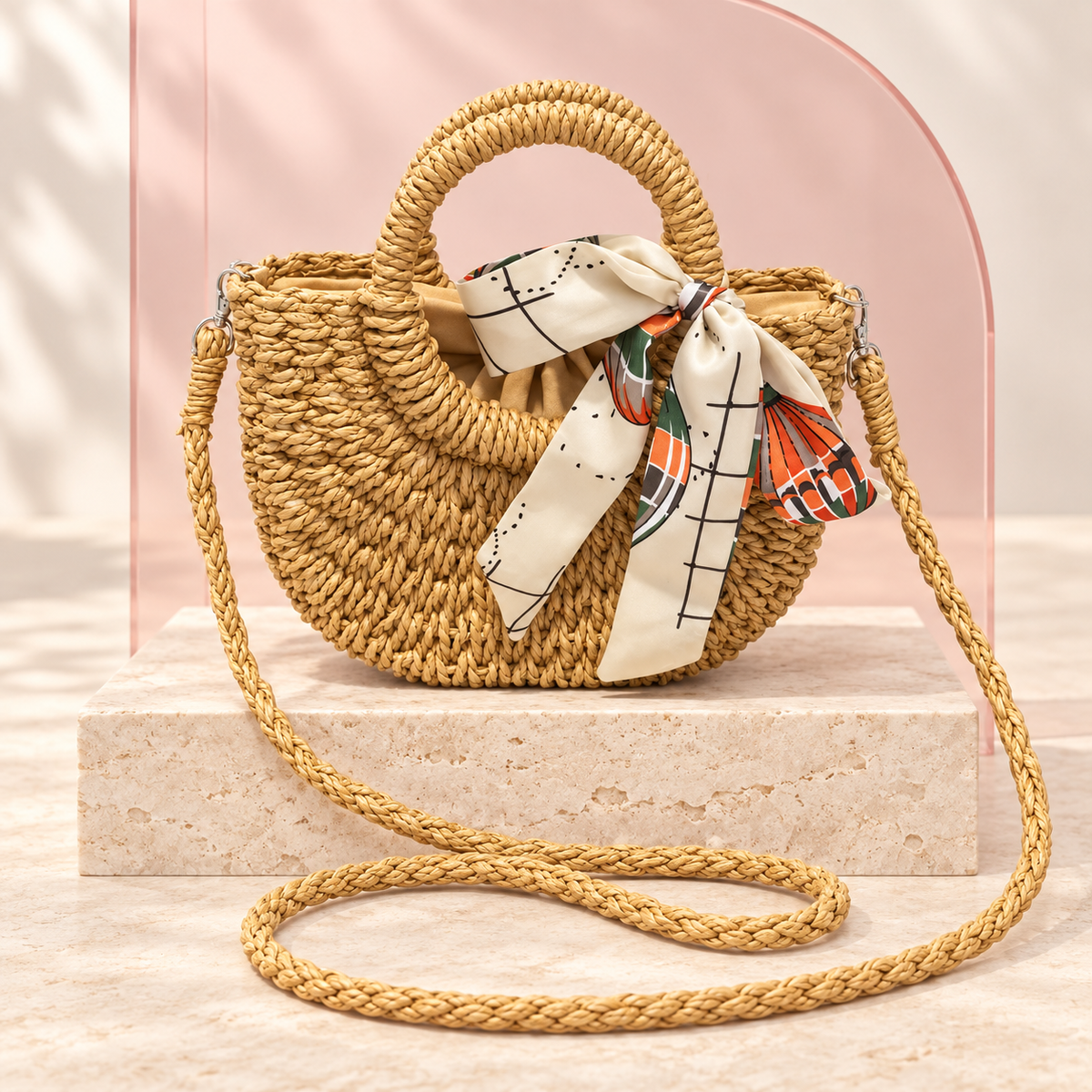 Citrus Grid Scarf Raffia Bag product view