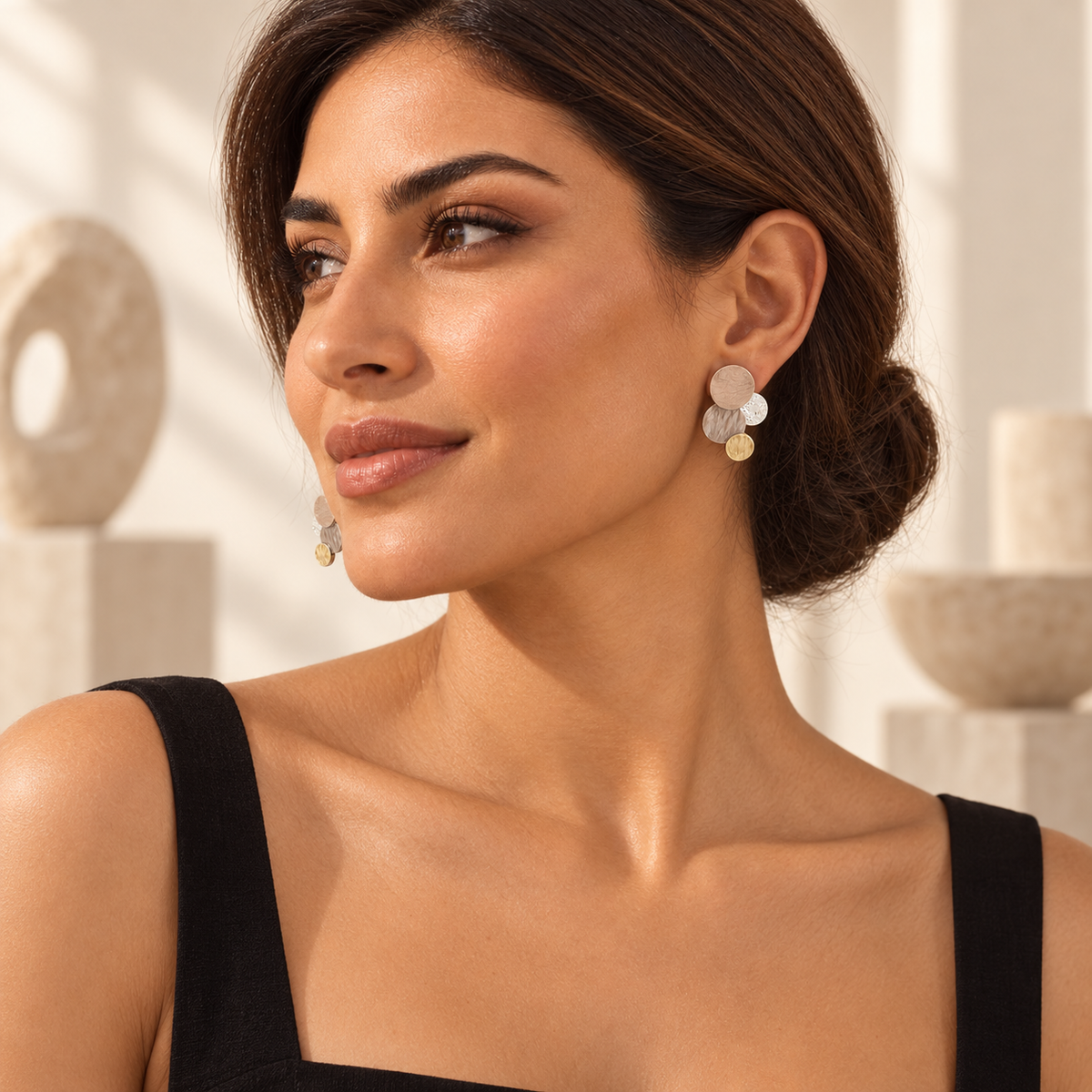 Divine Tri Tone Stud Earrings worn with black outfit