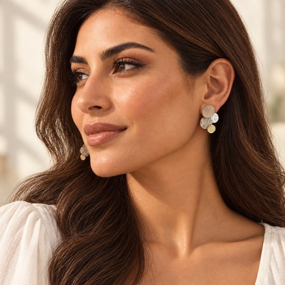 Divine Tri Tone Stud Earrings worn with ivory outfit