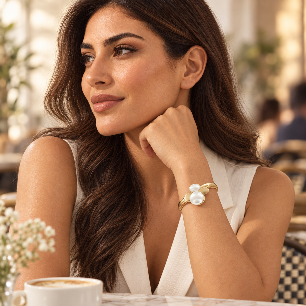 Elara Pearl Petal Bracelet styled on the Bloomy model