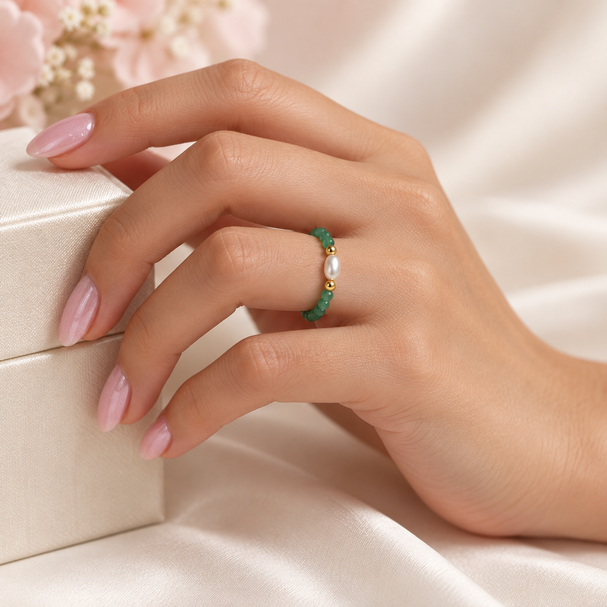 Emerald Pearl Glow Ring design worn on hand