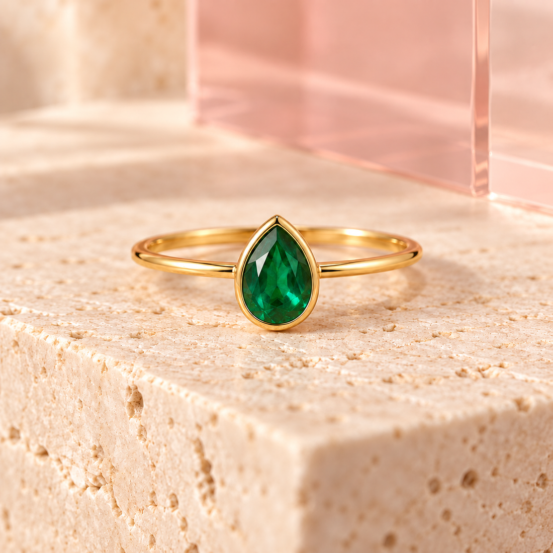 Emerald-green pear-cut crystal ring on ivory stone and translucent blush acrylic