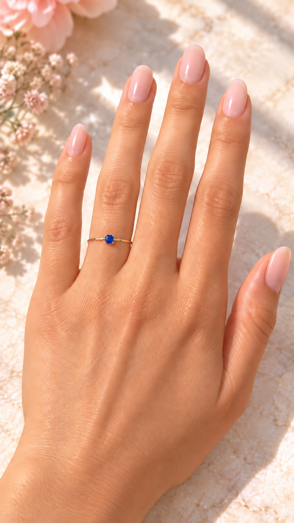 Sapphire blue square crystal ring — on hand