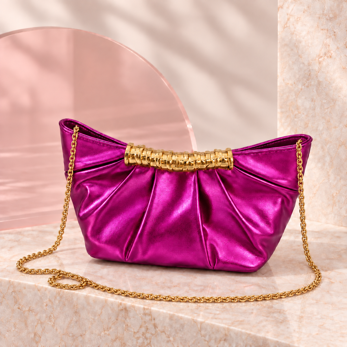 Lumi Metallic Pleated Bag in Fuchsia with long chain