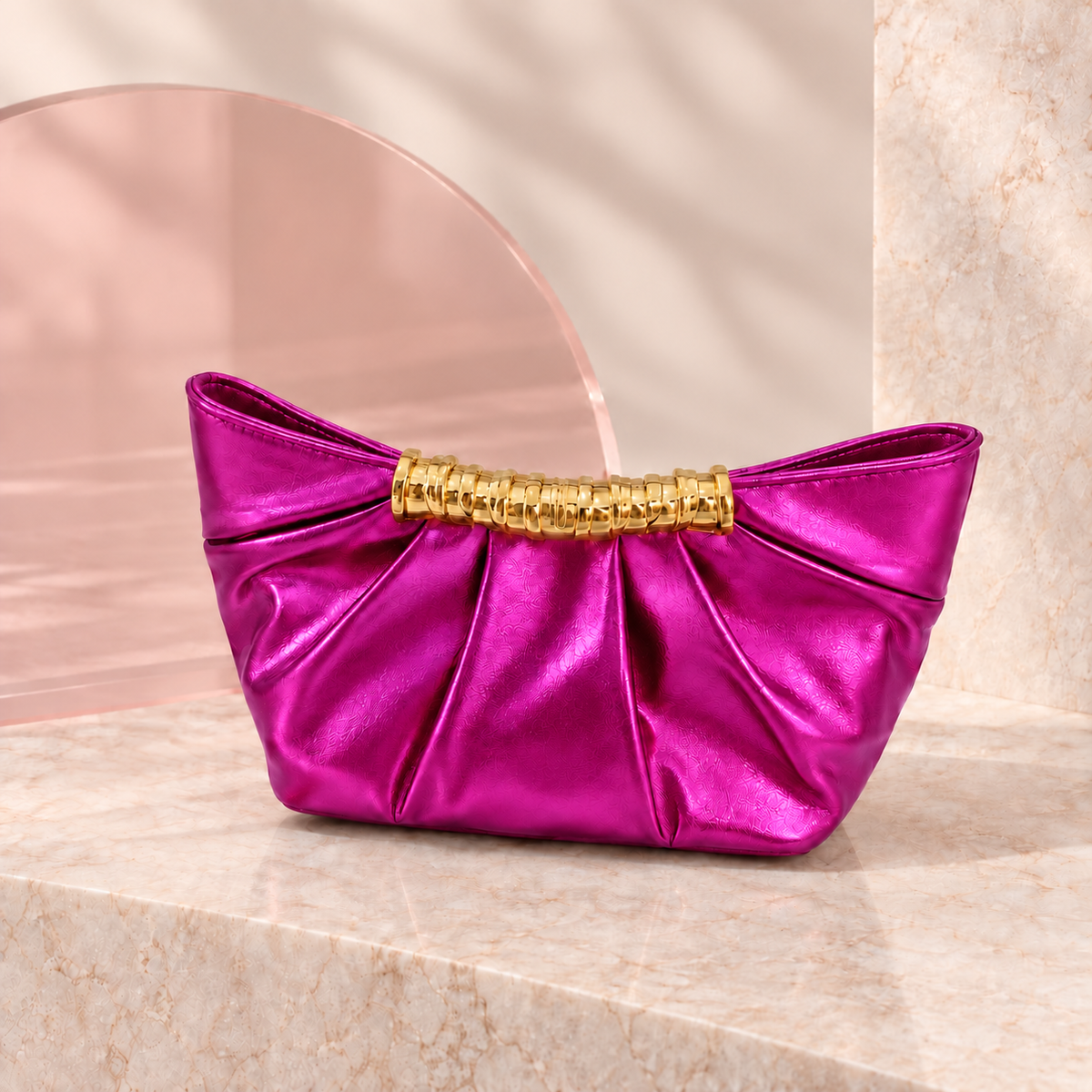 Lumi Metallic Pleated Bag in Fuchsia, product view without chain