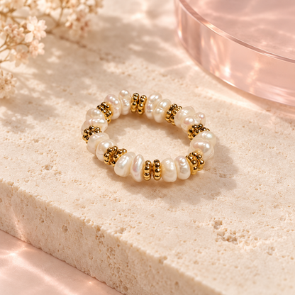Golden Pearl Rhythm Ring by Bloomy on warm ivory stone