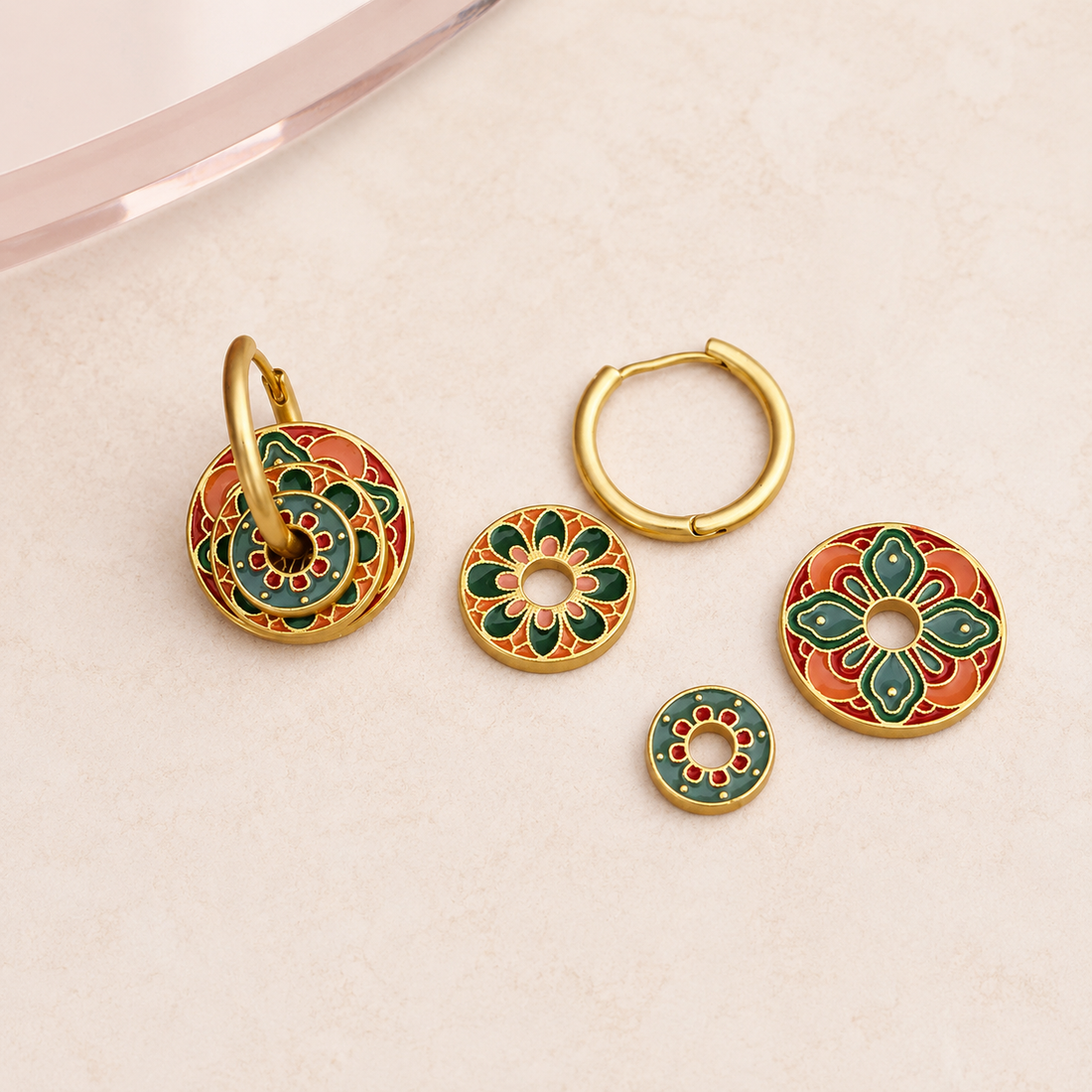 Green &amp; Coral Mandala Earrings