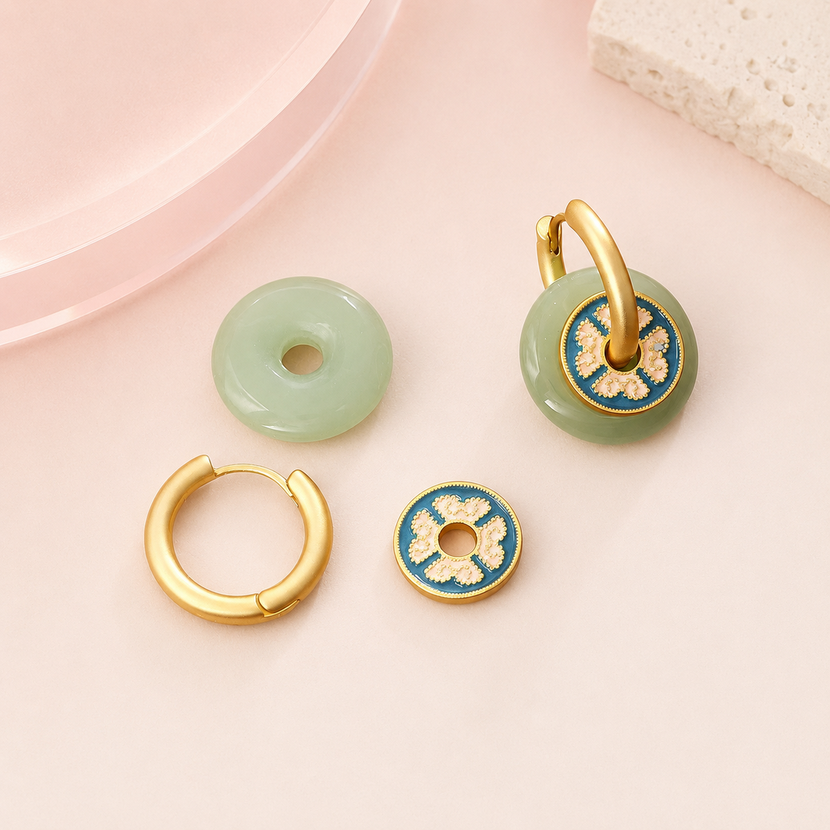 Jade &amp; Enamel Floral Hoop Earrings