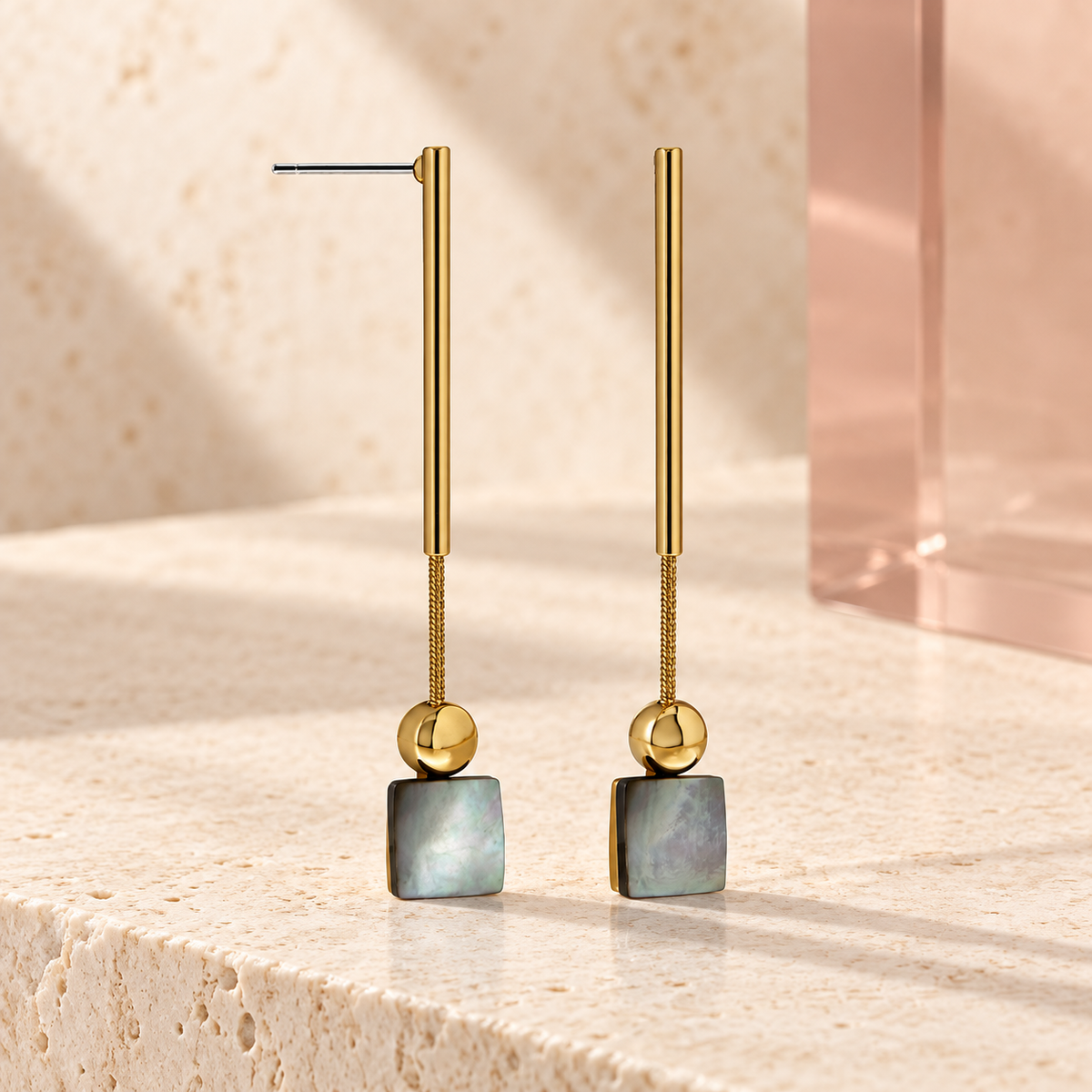 Kotak Mother of Pearl Gold Earrings on Bloomy ivory stone and blush acrylic