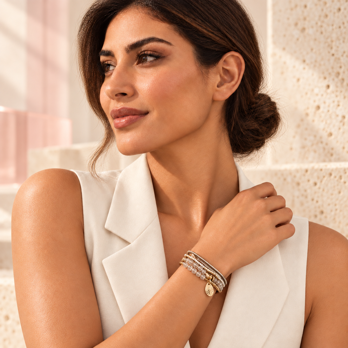 Bloomy model wearing the Lagoon Bracelet on her left wrist