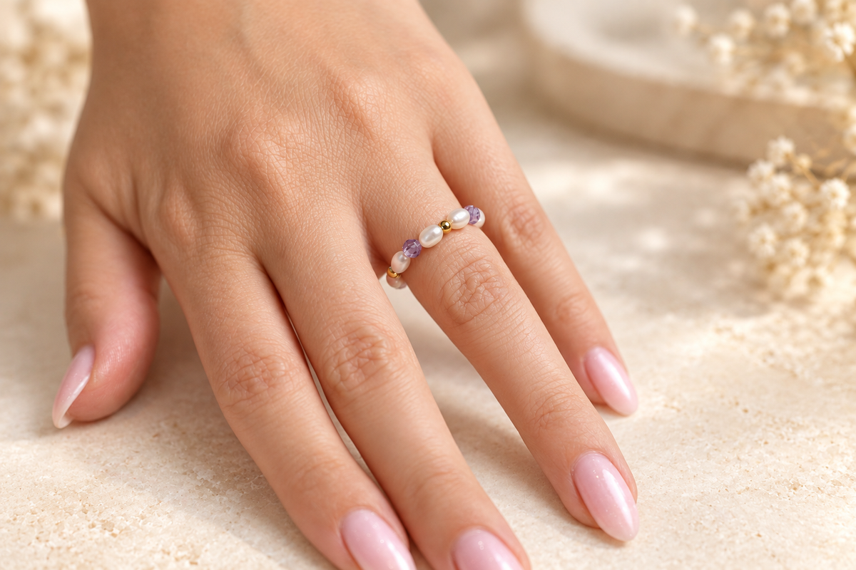 Lavender Glow Pearl Ring by Bloomy worn on hand