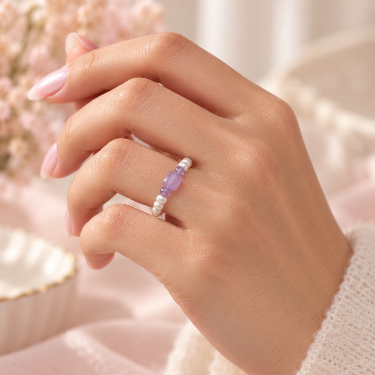 Lavender Pearl Trio Ring by Bloomy styled on hand
