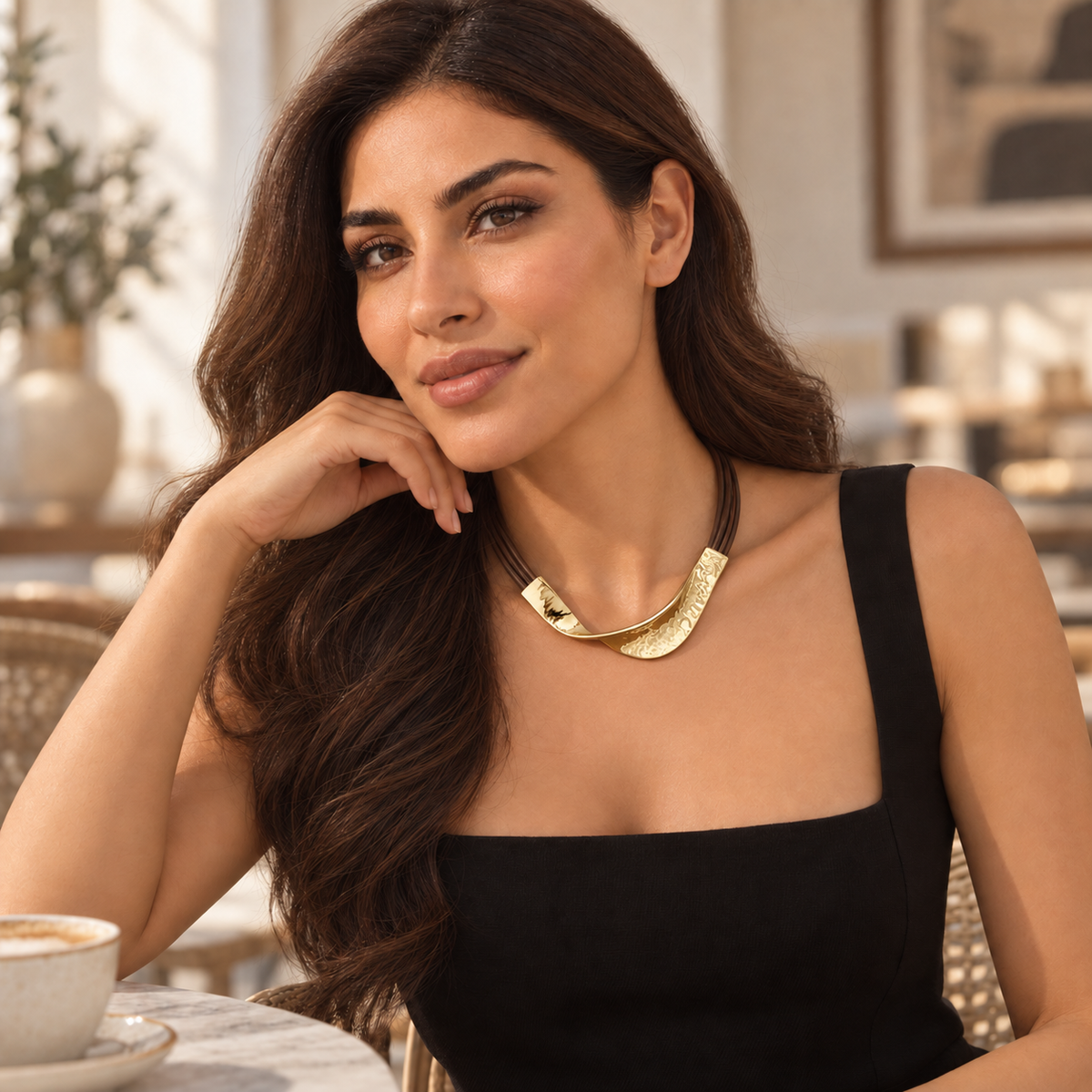 Bloomy model wearing the Luna Arc Leather Necklace in a second styling