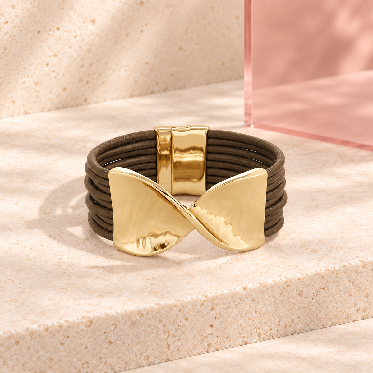 Luna Bow leather bracelet on the Bloomy ivory stone display